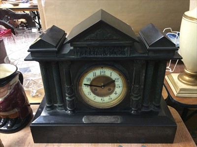 Lot 438 - Victorian mantel clock in temple shape black slate case, Garrard brass carriage clock, anniversary clock and a mantel clock