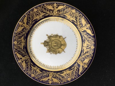 Lot 182 - Two 19th century Sevres-style cabinet cups and saucers with Napoleon I motives, together with a Sevres style dish