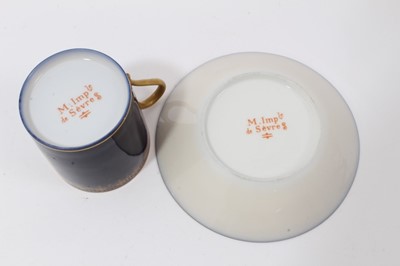 Lot 125 - Two 19th century Sèvres-style cabinet cups and saucers with Napoleon I motifs, together with a Sevres style dish