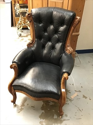 Lot 885 - Victorian walnut framed armchair with buttoned black leather upholstery