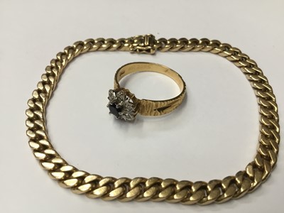 Lot 166 - 14ct gold curb link bracelet and an 18ct gold sapphire and diamond cluster ring