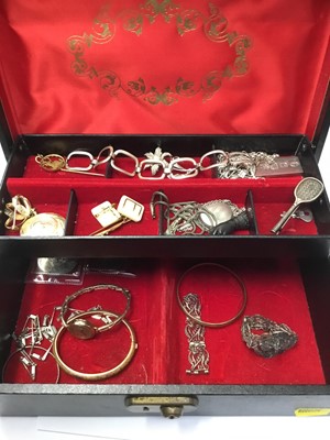 Lot 169 - Victorian silver novelty tennis racquet brooch (Birmingham 1889), 1920s ladies' gold wristwatch, silver ingot on chain, silver bracelet and various vintage costume jewellery