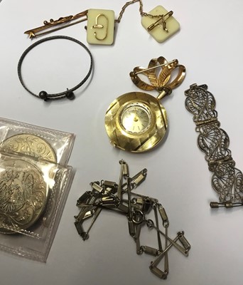 Lot 169 - Victorian silver novelty tennis racquet brooch (Birmingham 1889), 1920s ladies' gold wristwatch, silver ingot on chain, silver bracelet and various vintage costume jewellery