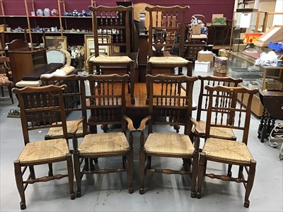 Lot 891 - Set eight reproduction elm country dining chairs with rush seats