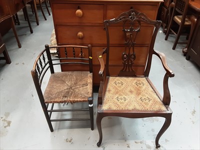 Lot 942 - Late Victorian carved mahogany chair, together with a rush seated corner chair (2)