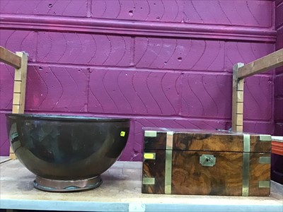 Lot 511 - Victorian brass and walnut writing box and copper punch bowl