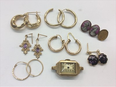 Lot 658 - Group gold and yellow metal earrings, 9ct gold cased watch and bar brooch