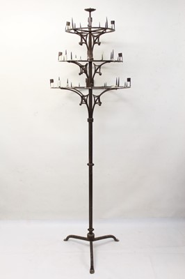 Lot 1374 - Unusual late 19th/early 20th century floor standing wrought iron candle stand