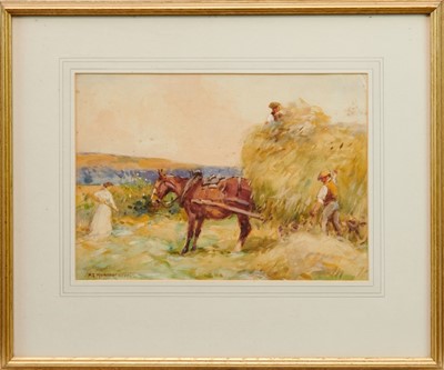 Lot 896 - Circle of Alfred Munnings (1878-1959) watercolour - Harvest scene, bearing signature  and dated 1902, inscription verso claiming picture given by  Artist’s wife to E. Munnings, niece of Alfred