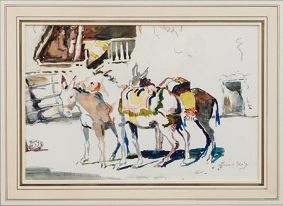 Lot 895 - Follower of Edward Seago, watercolour - procession, and another of Donkeys.