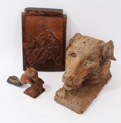 Lot 260 - Clarence Reeve (contemporary) woodcarving - bull headed figure, signed Reeve, Mettingham, together with relief carved panel.