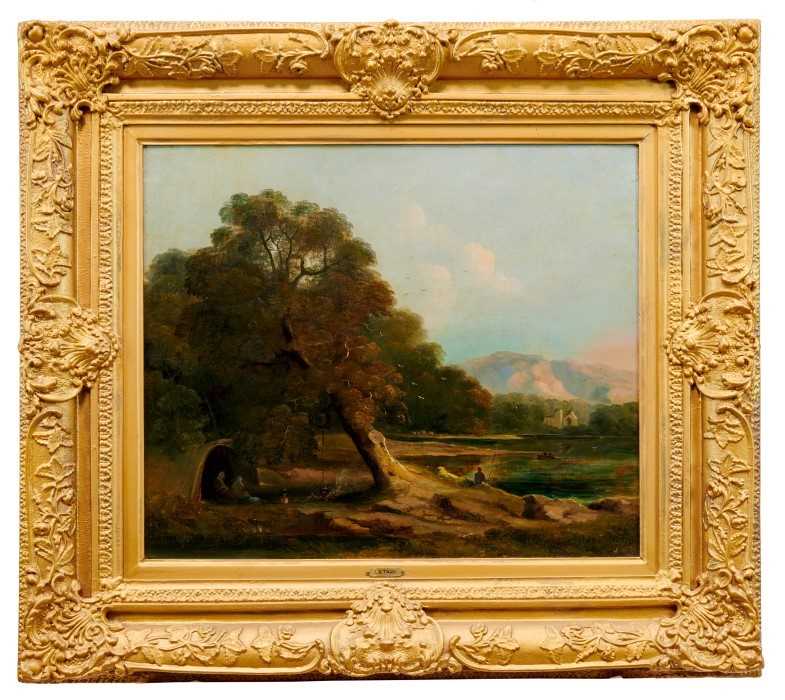 Lot 891 - Manner of James Stark, oil on canvas figures beside a loch.