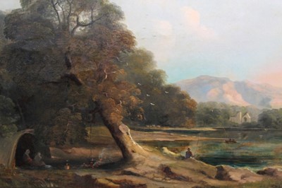 Lot 891 - Manner of James Stark, oil on canvas figures beside a loch.