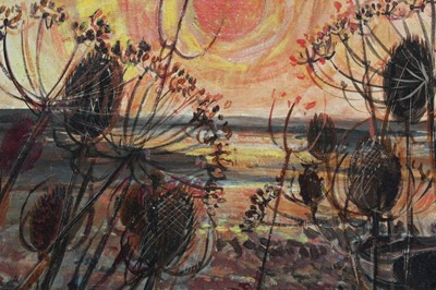 Lot 885 - *Cavendish Morton (1911-2015) oil on board - Red sunrise. Norfolk coast