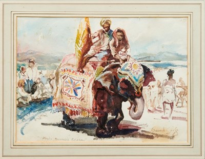 Lot 880 - Follower of Edward Seago, watercolour - Elephant and riders