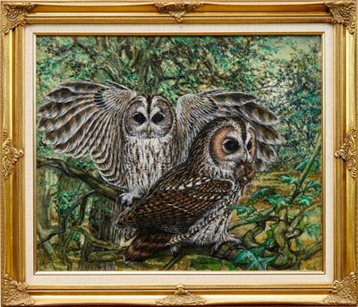 Lot 882 - George E Miller (20th century) oil on board- Tawny Owls, signed and dated ‘72.