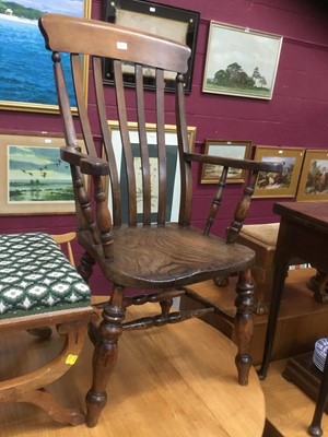 Lot 907 - Antique-style elm high back elbow chair with turned supports