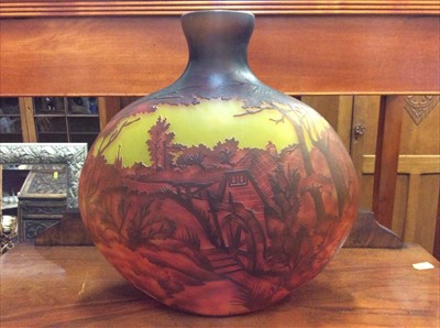 Lot 463 - Coloured glass vase with moulded rural scene decoration