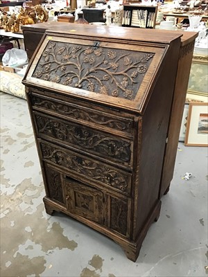 Lot 953 - Carved oak bureau by Vernon Hale who carved the church furnishings at Hertford's All Saints' Church