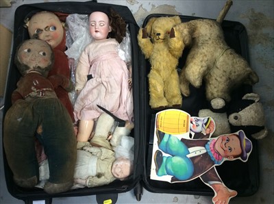 Lot 429 - Suitcase containing vintage bears and dolls including an Armand Marseilles bisque head doll