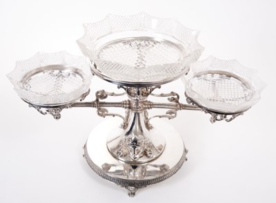 Lot 346 - Fine quality late Victorian silver plated table centre with three cut glass bowls