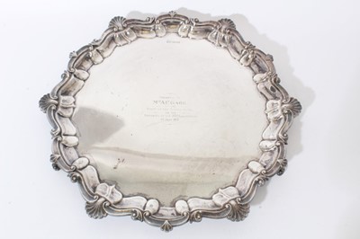 Lot 322 - Late Victorian silver salver with engraved inscription and pie crust border.