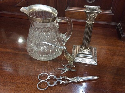 Lot 713 - Silver mounted cut glass jug, silver plated candlestick and two pairs plated scissors