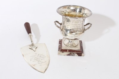 Lot 319 - Edwardian silver vase and contemporary silver presentation trowel.