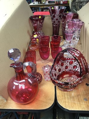 Lot 303 - Set of cranberry cut glasses, other cranberry glass ware