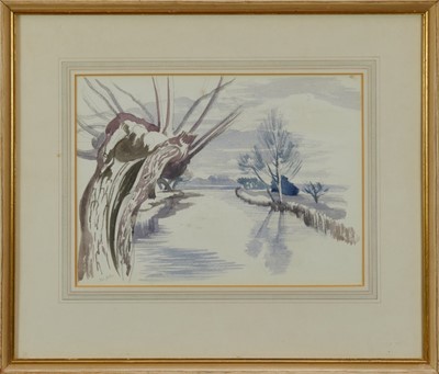 Lot 988 - *John Northcote Nash (1893 - 1977), pencil and watercolour - Willows at Flatford, signed, label verso dated 1966, in glazed frame, 24.5cm x 33.5cm