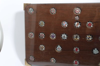 Lot 663 - Collection of 30 Fire Brigade badges mounted in folding coffee table with glazed top