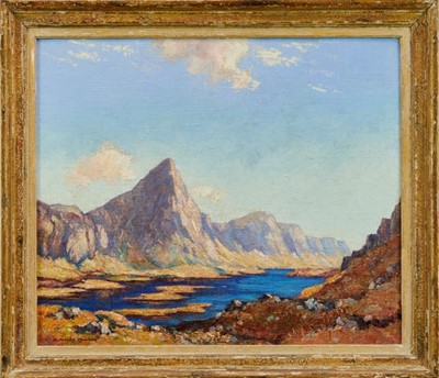 Lot 906 - William Douglas Macleod (1892 - 1963), oil on board- mountain lake scene, 43 x 51cm