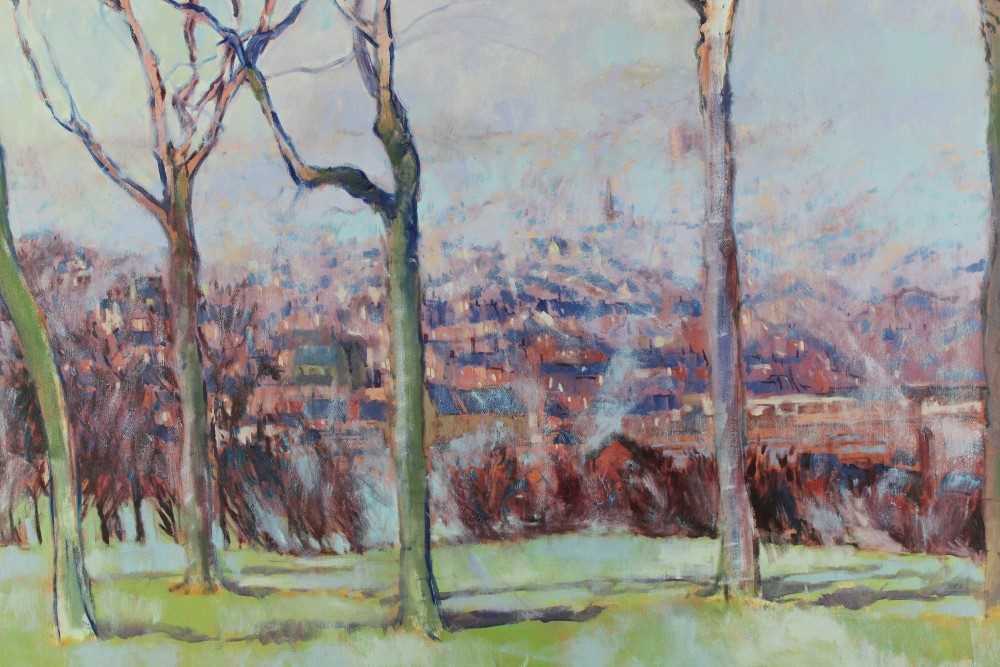 Lot 57 - David Britton , contemporary, oil on canvas - Sheffield from Meresbrook Park, framed, 32cm x 101cm