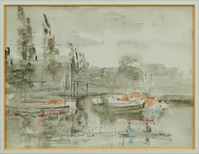 Lot 911 - Philip Connard (1878 - 1958), pencil and watercolour- Swans on the Thames, Richmond, signed with initials, Spinks label to reverse, 21cm x 28cm