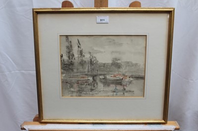 Lot 911 - Philip Connard (1878 - 1958), pencil and watercolour- Swans on the Thames, Richmond, signed with initials, Spinks label to reverse, 21cm x 28cm