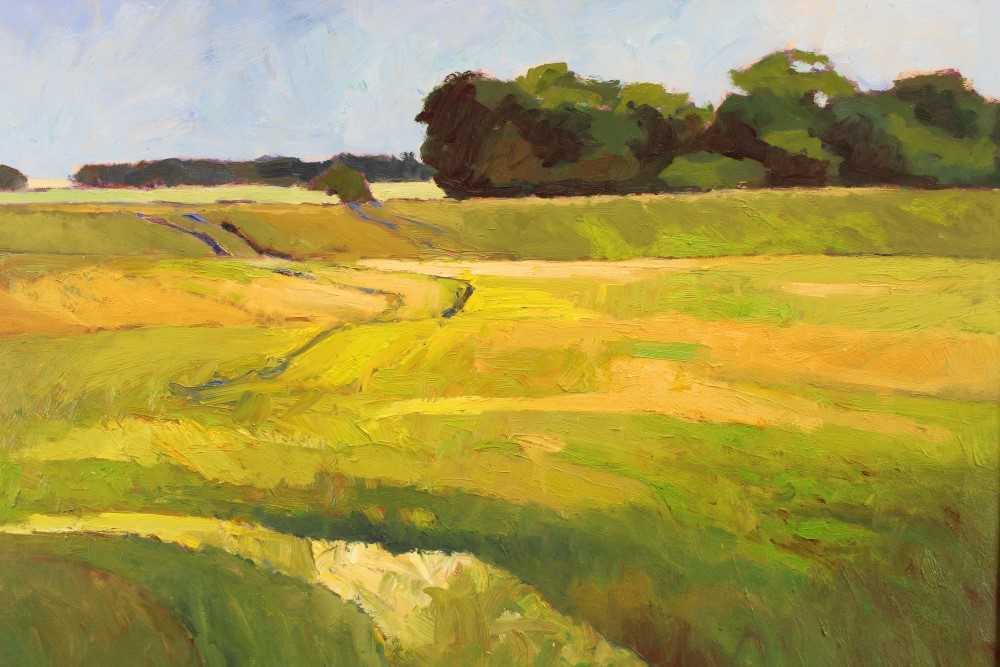 Lot 1071 - David Britton , contemporary, oil on board - Barley Field Near Saxmundham, signed, framed 60cm x 69cm