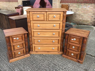 Lot 974 - Pair of bedside tables and a pine chest of drawers