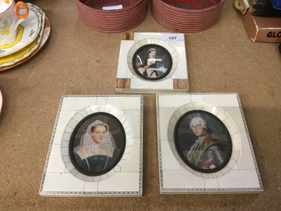 Lot 157 - Pair of portrait miniatures together with a print of Queen Victoria in ivory frame (3)
