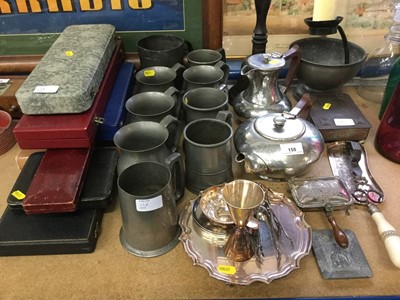 Lot 158 - Group of metalwares to include pewter tankards, bell, cutlery sets, silver plated salver