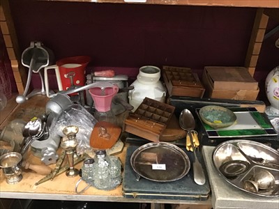 Lot 518 - Kitchen ware including mincers, coffee grinder, plated flat ware and sundries