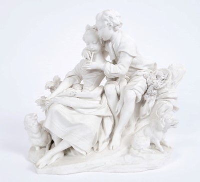Lot 141 - Fine 18th century Sèvres white biscuit porcelain group of Le Lecon de Flageolet, modelled by Falconet after Boucher, depicting a youth and a girl seated on a flowering tree stump
