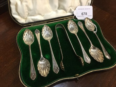 Lot 678 - Cased set of six silver tea spoons and sugar tongs by Elkington & Co.