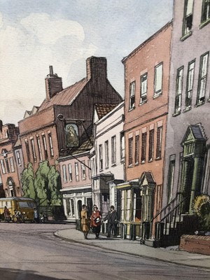 Lot 1117 - *Leonard Russell Squirrell (1893-1979) pencil and watercolour - Dedham High Street, signed, 33cm x 52cm, in glazed frame, together with the accompanying print (2)