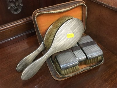 Lot 683 - Pair of silver backed brushes, together with a Gentleman's silver brush set in case