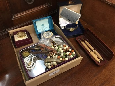 Lot 684 - Group of costume jewellery and watches to include a Battersea enamels box