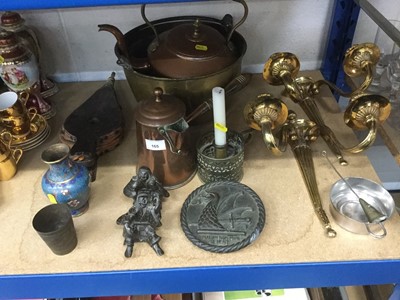 Lot 165 - Pair of brass wall sconces, copper preserve pan, copper kettle and other metalwares