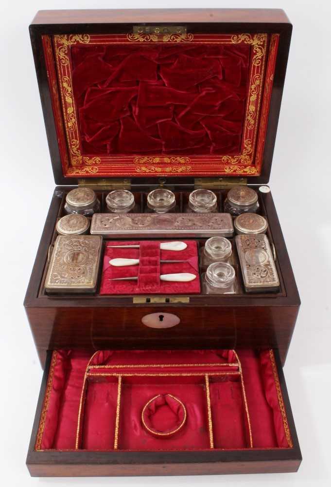 Lot 795 - Victorian rosewood vanity box with fitted Sheffield plate mounted interior