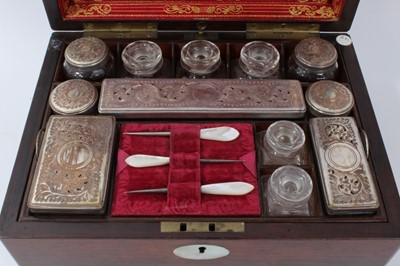 Lot 795 - Victorian rosewood vanity box with fitted Sheffield plate mounted interior