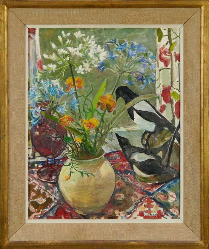 Lot 901 - Jenny Chorley (1902-1996) oil on board, still life with magpies