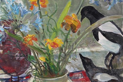 Lot 901 - Jenny Chorley (1902-1996) oil on board, still life with magpies